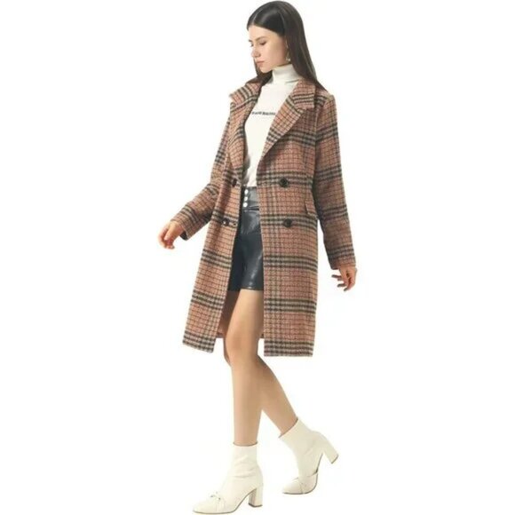 Winter Oversize Lapel Collar Woolen Plaid Double Breasted Long Peacoat Jacket - Picture 2 of 5